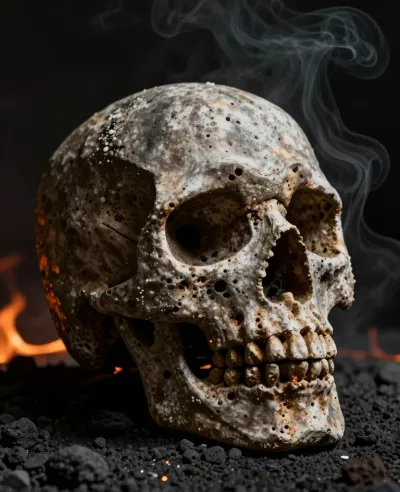 Weathered Skull in Lava Field with Smoke - Skull - AI generated image