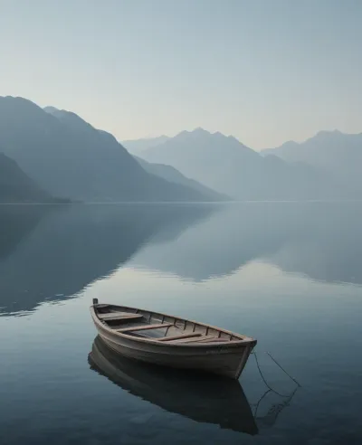 Weathered Boat on Serene Lake - Landscape - AI generated image