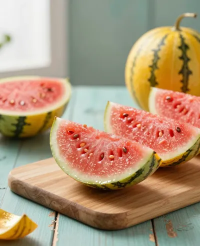 Golden-Rind Mini Watermelon Wedges on Cutting Board - Food - AI generated image