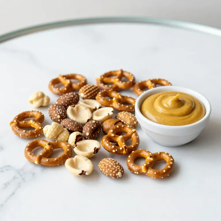 Pretzels and Nuts with Mustard Sauce - Food - AI generated image
