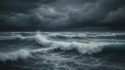 Churning Waves Under Dark Clouds - Ocean - AI generated image