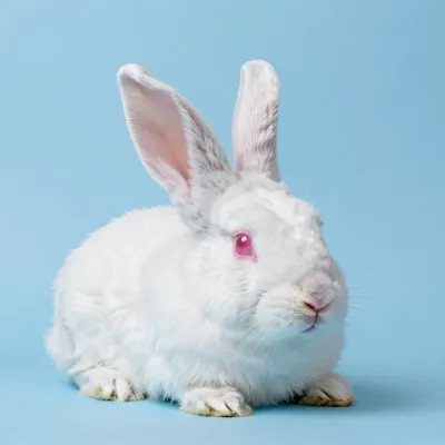 White Rabbit Sitting Alert on Blue Background - Animal - AI generated image