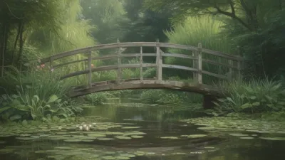 Weathered Wooden Bridge Over Serene Pond - Architecture - AI generated image