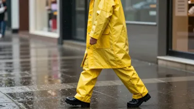 Person in Yellow Raincoat Walking on Wet Pavement - People - AI generated image