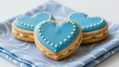 Heart-Shaped Sandwich Cookies with Blue Icing - Food - AI generated image