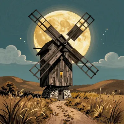 Crooked-Wooden Windmill Under Full Moon - Architecture - AI generated image