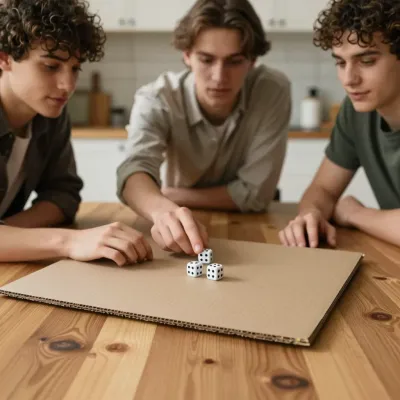 Three Young Men Playing Board Game on Cardboard - People - AI generated image