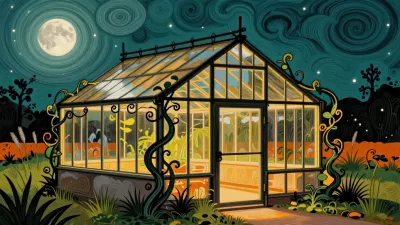 Illuminated Greenhouse at Night with Swirling Clouds - Architecture - AI generated image