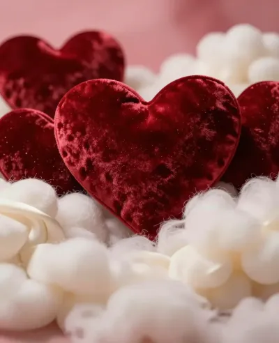 Red Velvet Heart Nestled in Cotton Balls - Romance - AI generated image