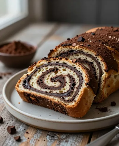 Chocolate Babka Sliced on Rustic Table - Bakery - AI generated image