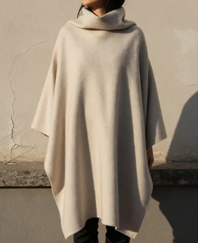 Person in Beige Poncho Against Textured Wall - Fashion - AI generated image