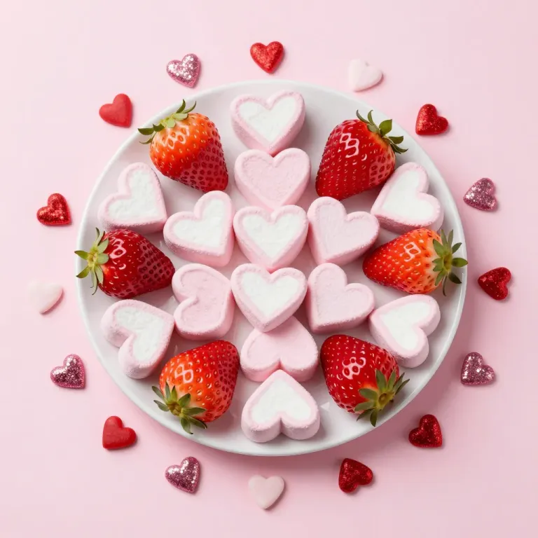 Heart-Shaped Marshmallows and Strawberries on Plate - Food - AI generated image