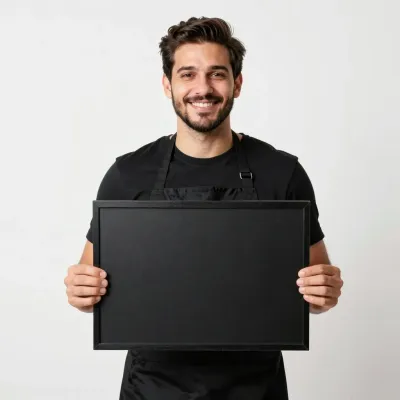 Chef Presenting Glossy Black Menu Board - Food & Beverage - AI generated image