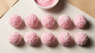 Coconut Truffle Bites Glistening on Parchment Paper - Food - AI generated image
