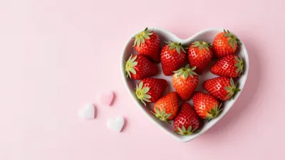 Strawberries in Heart Bowl on Pink Background - Food - AI generated image