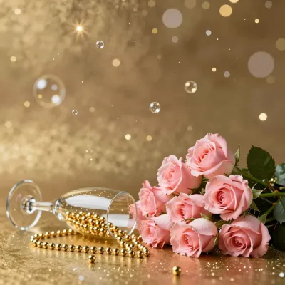 Pink Roses and Champagne Toast - Flowers - AI generated image