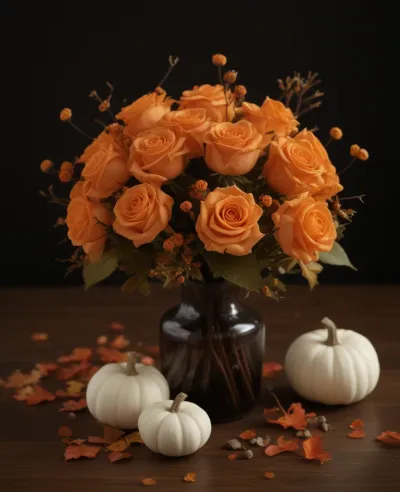 Peach Roses in Dark Vase with Pumpkins - Flowers - AI generated image