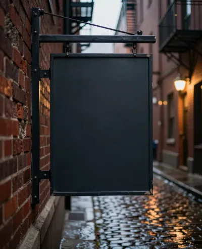 Blank Black Signboard Hanging on Wet Cobblestone Alley - Urban - AI generated image