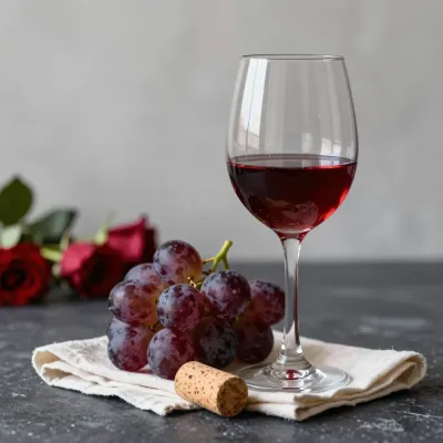 Red Wine Glass with Grapes and Roses - Food and Drink - AI generated image