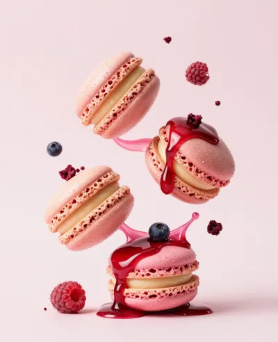 Pink Macarons with Raspberry Sauce and Blueberries - Food - AI generated image