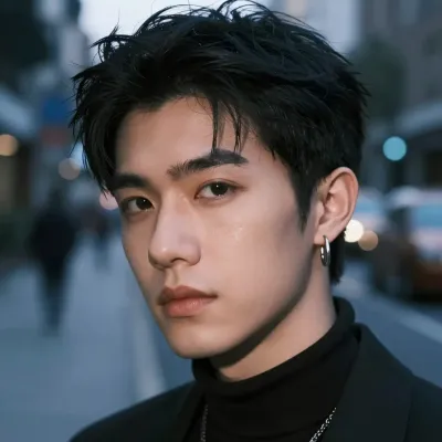 Person with Tousled Hair in Black Turtleneck at Dusk - People - AI generated image