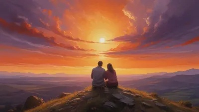 Four Figures Watching Sunset on Grass Summit - People - AI generated image