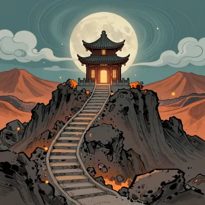 Pagoda on Volcanic Ridge at Night - Architecture - AI generated image