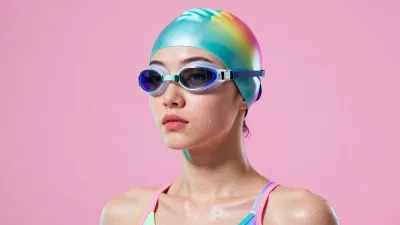 Rainbow Striped Swimmer in Pastel Suit - Swimming - AI generated image