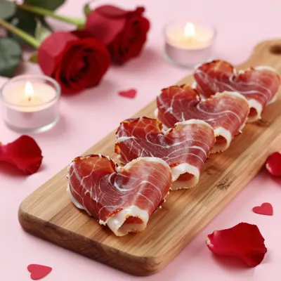 Heart-Shaped Prosciutto Wraps on Romantic Board - Food - AI generated image