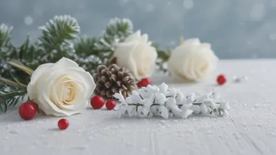 White Roses with Pine Sprigs and Berries in Winter Frost - Flowers - AI generated image