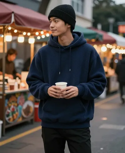 Person in Navy Hoodie at Night Market - People - AI generated image