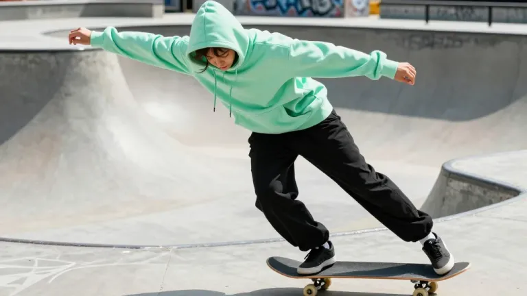 Skateboarder in Mint-Green Hoodie at Skatepark Bowl - Action - AI generated image
