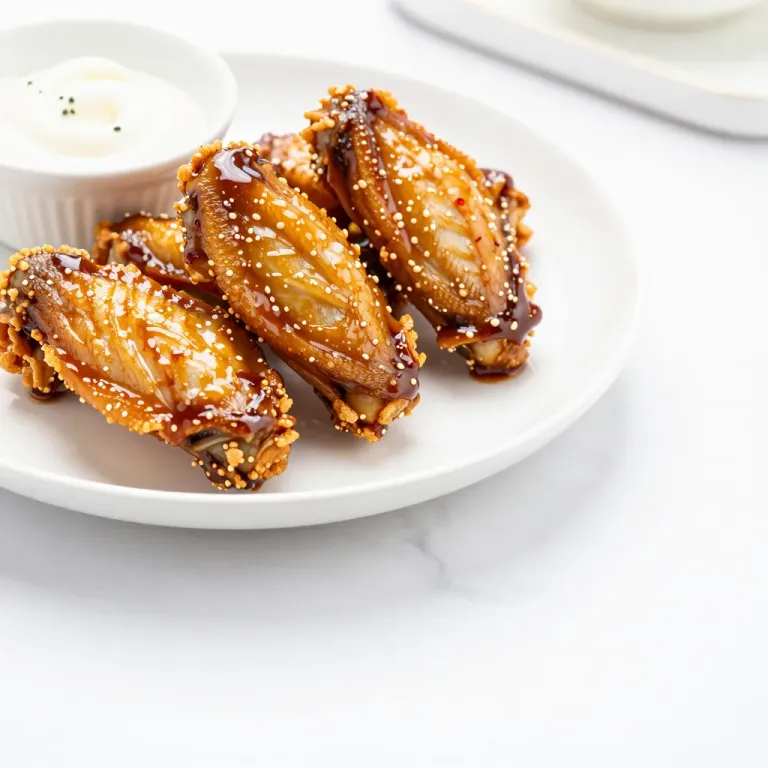 Glazed Chicken Wings with Sesame Seeds on White Plate - Gastronomy - AI generated image