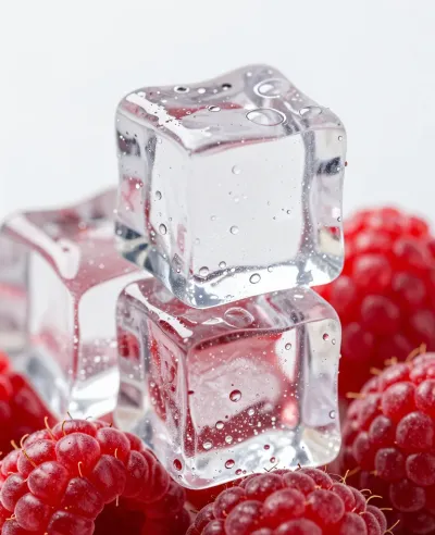 Stacked Ice Cubes with Raspberries Macro - Food - AI generated image