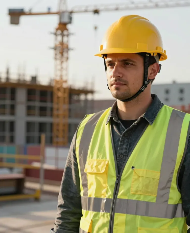 Construction Worker in Yellow Hard Hat at Construction Site - People - AI generated image