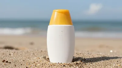 Sunscreen Bottle on Sandy Beach - Beauty - AI generated image