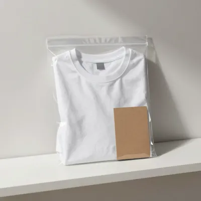 Folded White T-Shirt in Clear Plastic Bag - Clothing - AI generated image