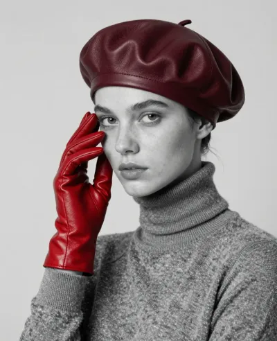 Burgundy Beret Model with Red Glove - Fashion - AI generated image