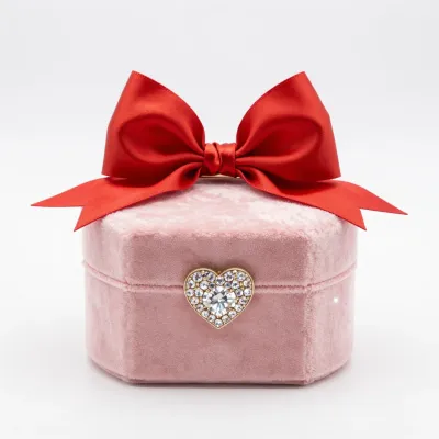 Pink Velvet Jewelry Box with Red Bow - Jewelry - AI generated image