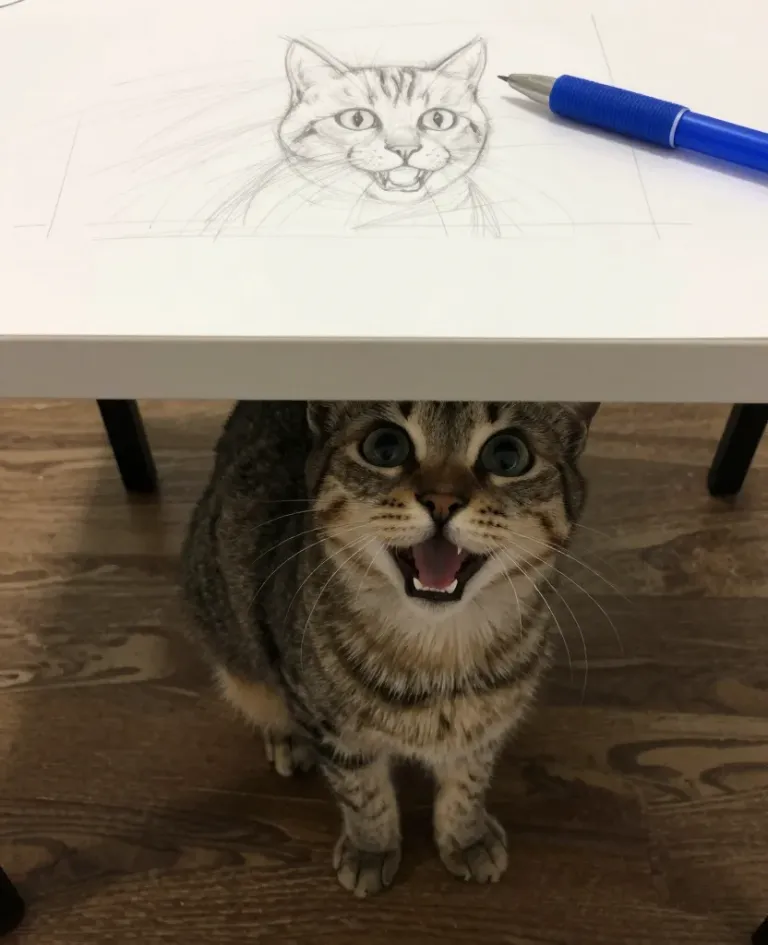 Tabby Cat Startled Under Table - Animal - AI generated image