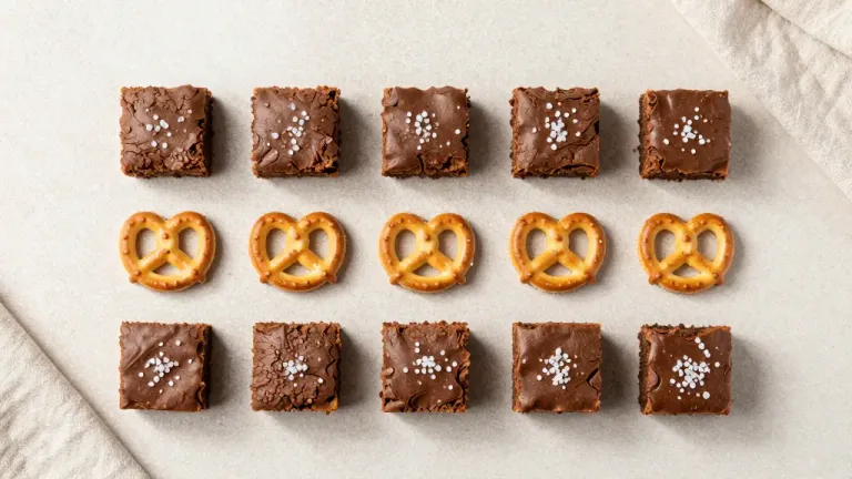 Chocolate Brownies with Pretzels Arranged in Rows - Food - AI generated image