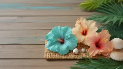 Hibiscus Flowers and Seashells on Woven Straw Tray - Still Life - AI generated image