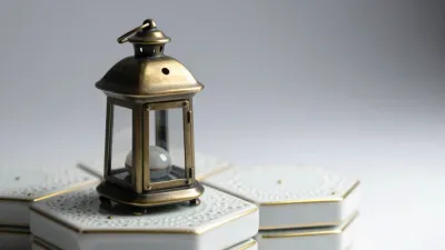 Bronze Lantern on White Hexagonal Base - Decor - AI generated image