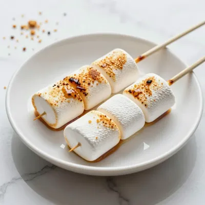Roasted Marshmallow Skewers on White Plate - Food - AI generated image