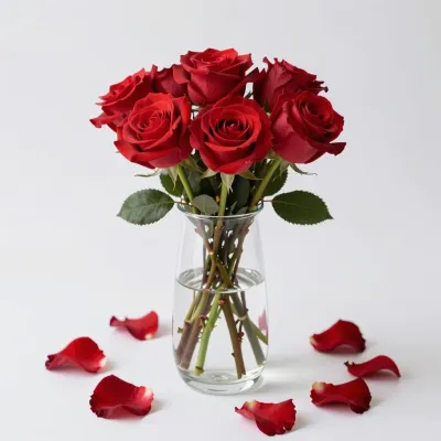 Red Roses in Glass Vase with Scattered Petals - Flowers - AI generated image