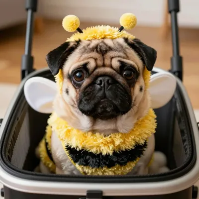 Pug in Bee Costume Sitting in Stroller - Animal - AI generated image