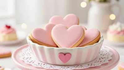 Glossy Pink Heart Cookies with White Drizzle - Food - AI generated image