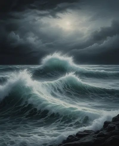 Crashing Waves Against Rocky Shoreline - Seascapes - AI generated image