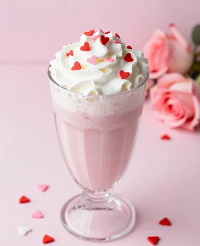 Strawberry Milkshake with Whipped Cream and Heart Sprinkles - Food - AI generated image