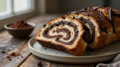 Chocolate Babka Sliced on Rustic Table - Bakery - AI generated image